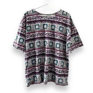 Vintage 90s Bold Spirit Multicolor Patterned Floral Striped T-Shirt Size Medium